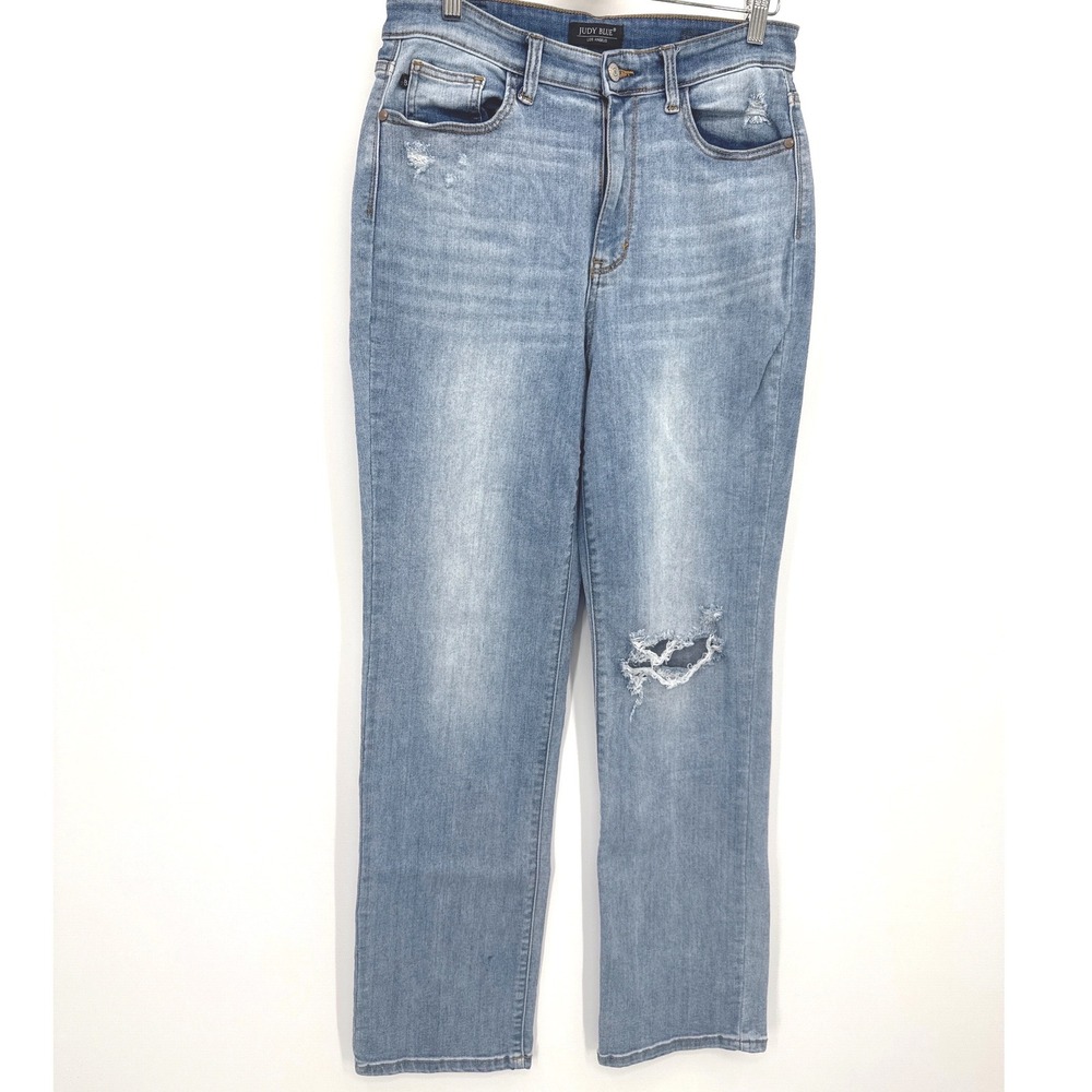 Judy Blue Women Jeans 11/30 Light Wash Distressed Straight Leg High Rise - Picture 2 of 8